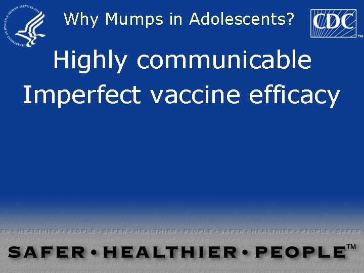 Why Mumps in Adolescents? Highly communicable Imperfect vaccine efficacy 