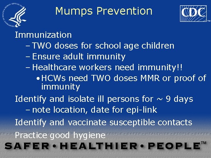 Mumps Prevention Immunization – TWO doses for school age children – Ensure adult immunity