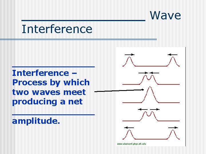Wave Interference – Process by which two waves meet producing a net amplitude. www.