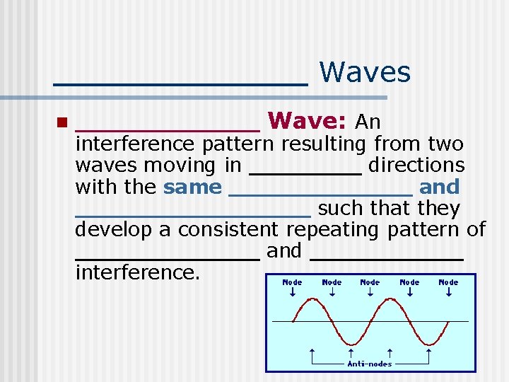 Waves n Wave: An interference pattern resulting from two waves moving in directions with