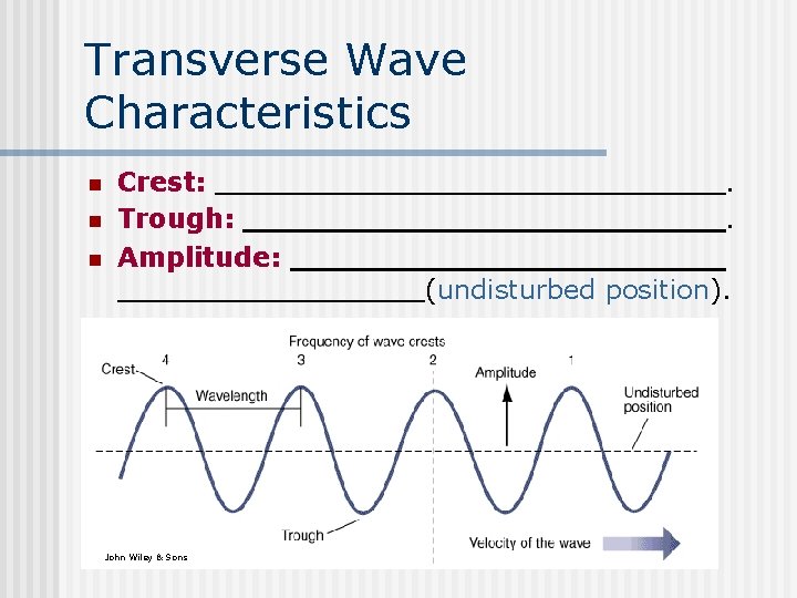 Transverse Wave Characteristics n n n Crest: Trough: Amplitude: John Wiley & Sons .