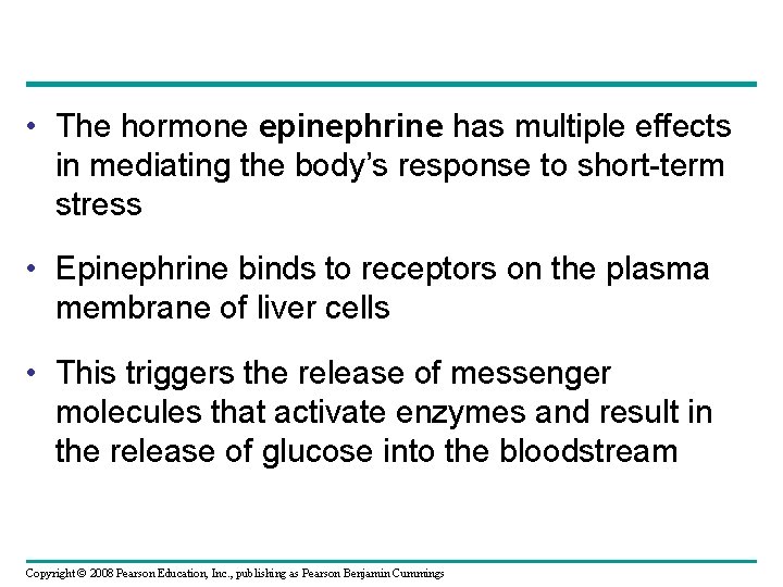  • The hormone epinephrine has multiple effects in mediating the body’s response to