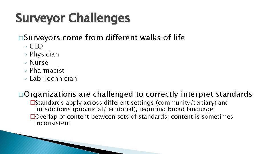 Surveyor Challenges � Surveyors ◦ ◦ ◦ come from different walks of life CEO