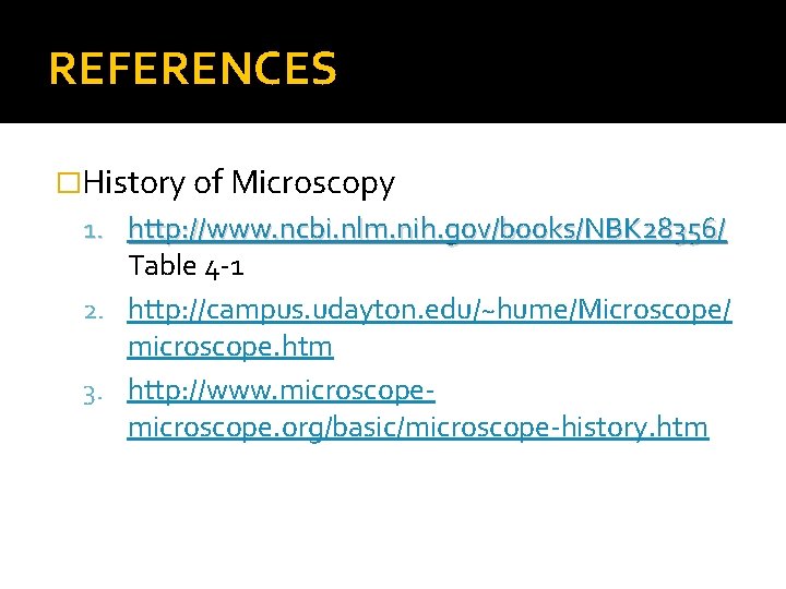 REFERENCES �History of Microscopy 1. http: //www. ncbi. nlm. nih. gov/books/NBK 28356/ Table 4