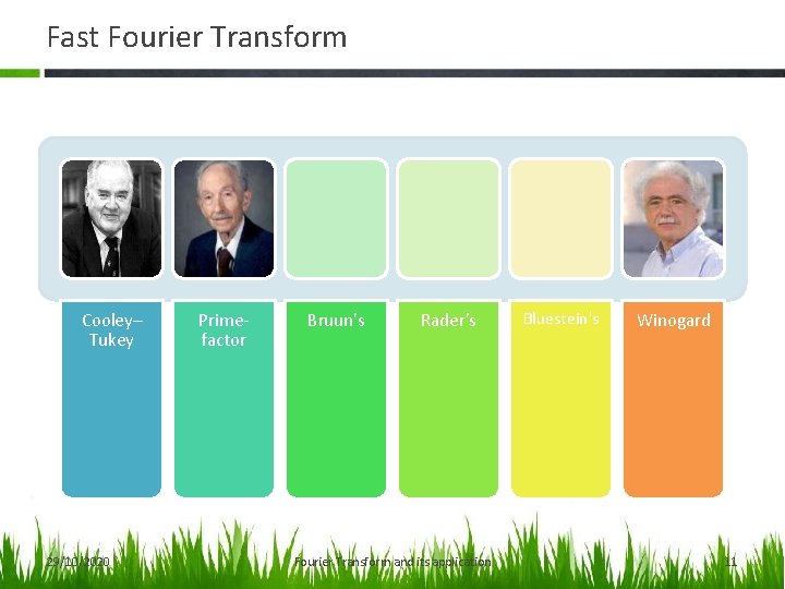 Fast Fourier Transform Cooley– Tukey 29/10/2020 Primefactor Bruun's Rader's Fourier Transform and its application