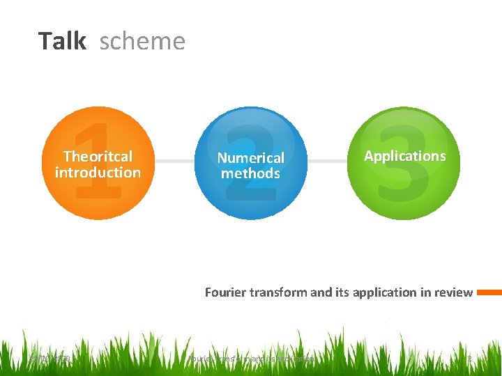 Talk scheme 1 2 3 Theoritcal introduction Numerical methods Applications Fourier transform and its