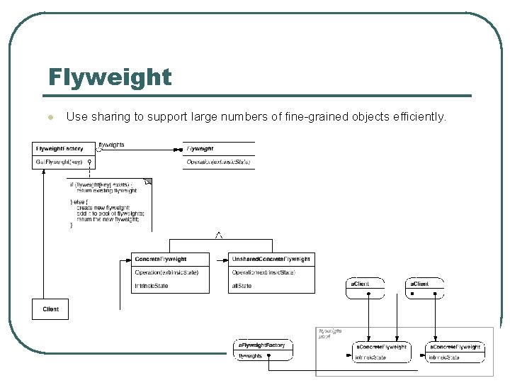 Flyweight l Use sharing to support large numbers of fine-grained objects efficiently. 