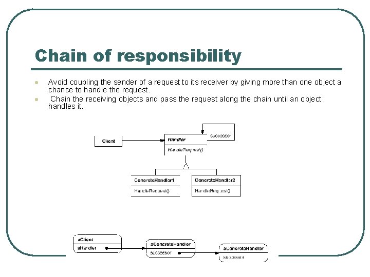 Chain of responsibility l l Avoid coupling the sender of a request to its