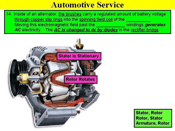 Automotive Service 14. Inside of an alternator, the brushes carry a regulated amount of