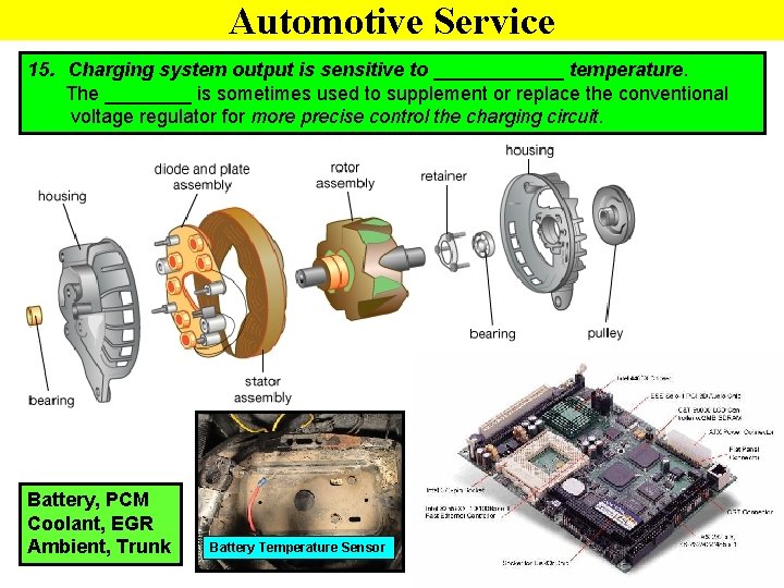 Automotive Service 15. Charging system output is sensitive to ______ temperature. The ____ is