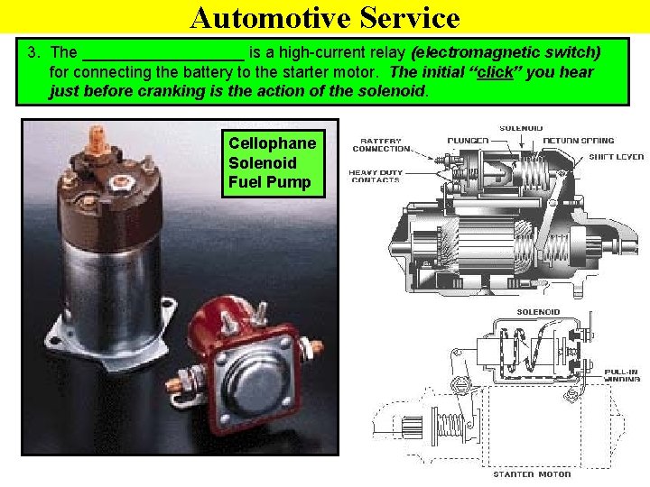 Automotive Service 3. The _________ is a high-current relay (electromagnetic switch) for connecting the