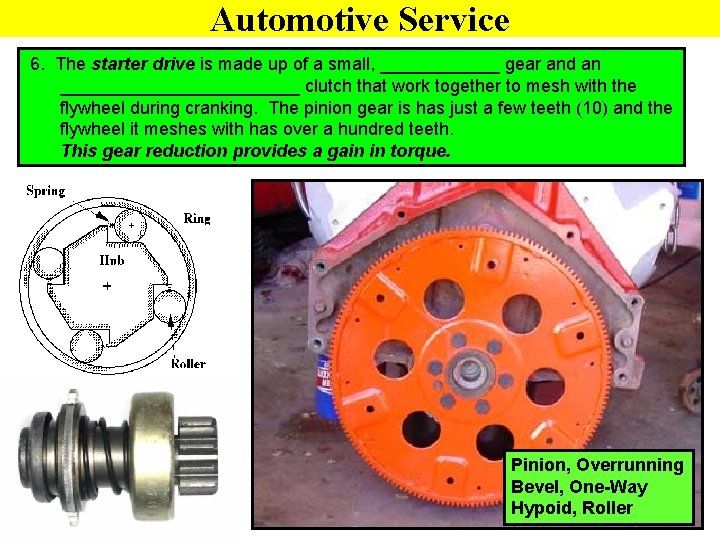 Automotive Service 6. The starter drive is made up of a small, ______ gear