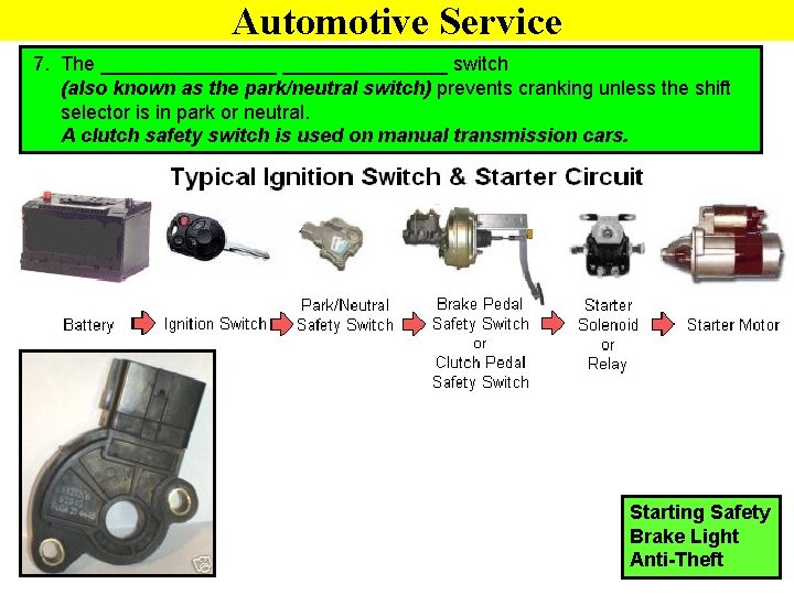 Automotive Service 7. The ________ switch (also known as the park/neutral switch) prevents cranking