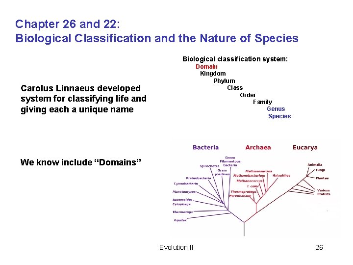 Chapter 26 and 22: Biological Classification and the Nature of Species Biological classification system: