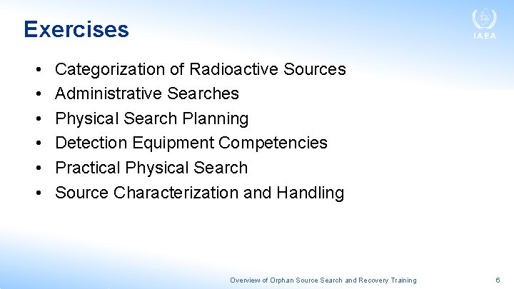 Exercises • • • Categorization of Radioactive Sources Administrative Searches Physical Search Planning Detection