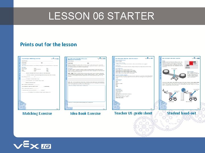LESSON 06 STARTER Prints out for the lesson Matching Exercise Idea Book Exercise Teacher