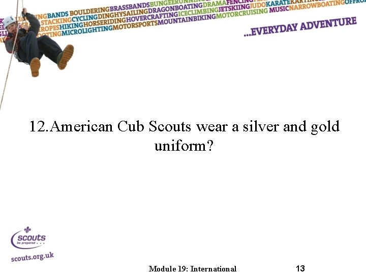 12. American Cub Scouts wear a silver and gold uniform? Module 19: International 13