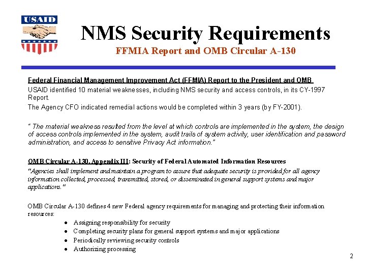 NMS Security Requirements FFMIA Report and OMB Circular A-130 Federal Financial Management Improvement Act