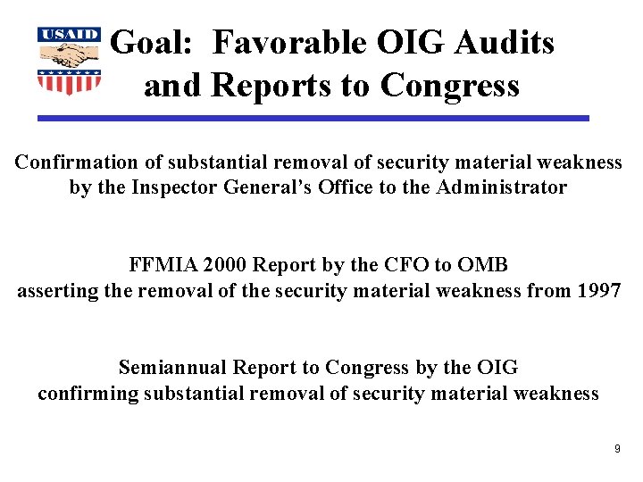 Goal: Favorable OIG Audits and Reports to Congress Confirmation of substantial removal of security