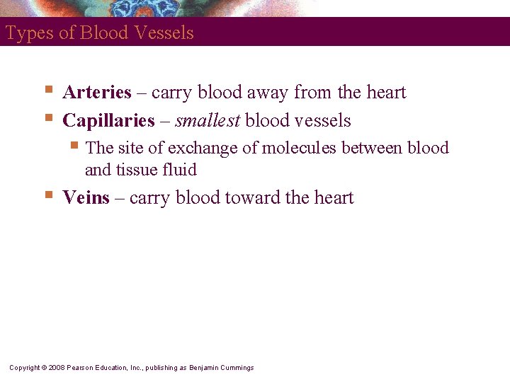 Types of Blood Vessels § § Arteries – carry blood away from the heart