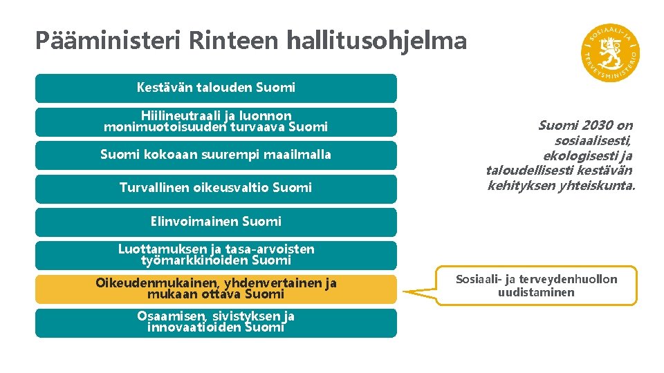 Pääministeri Rinteen hallitusohjelma Kestävän talouden Suomi Hiilineutraali ja luonnon monimuotoisuuden turvaava Suomi kokoaan suurempi