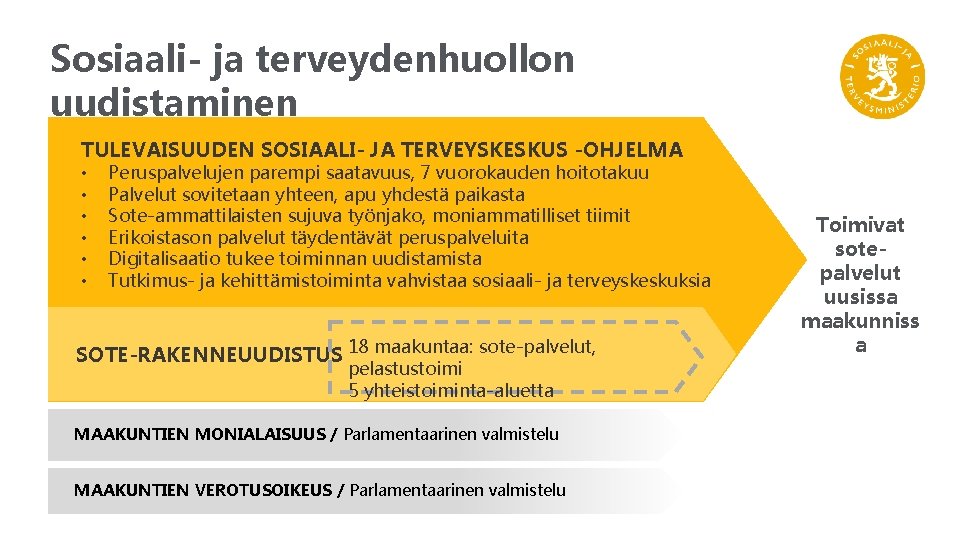 Sosiaali- ja terveydenhuollon uudistaminen TULEVAISUUDEN SOSIAALI- JA TERVEYSKESKUS -OHJELMA • • • Peruspalvelujen parempi