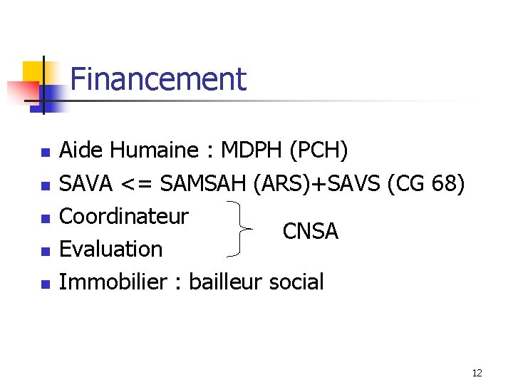 Financement n n n Aide Humaine : MDPH (PCH) SAVA <= SAMSAH (ARS)+SAVS (CG