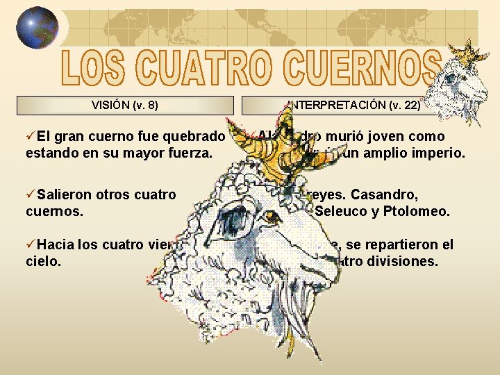 VISIÓN (v. 8) INTERPRETACIÓN (v. 22) üEl gran cuerno fue quebrado estando en su