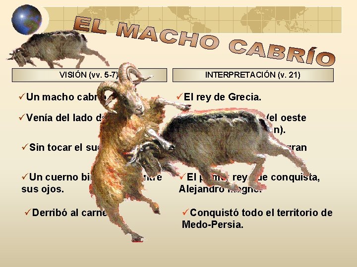 VISIÓN (vv. 5 -7) INTERPRETACIÓN (v. 21) üUn macho cabrío. üEl rey de Grecia.
