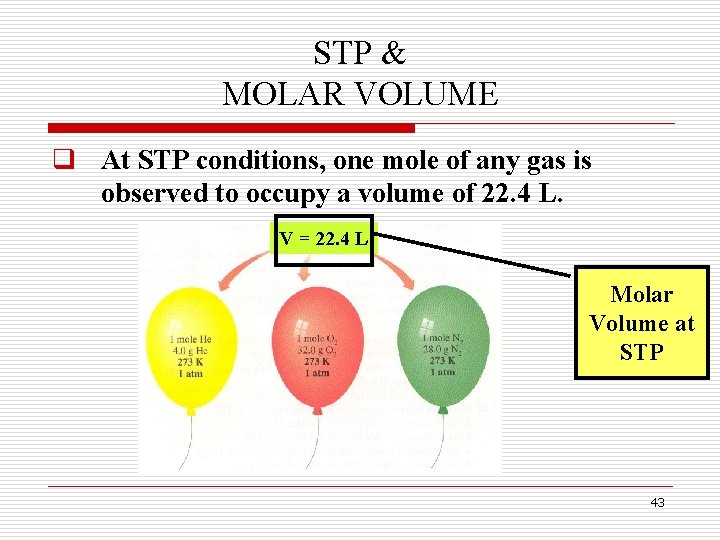 STP & MOLAR VOLUME q At STP conditions, one mole of any gas is