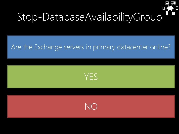 Stop-Database. Availability. Group Are the Exchange servers in primary datacenter online? YES NO 