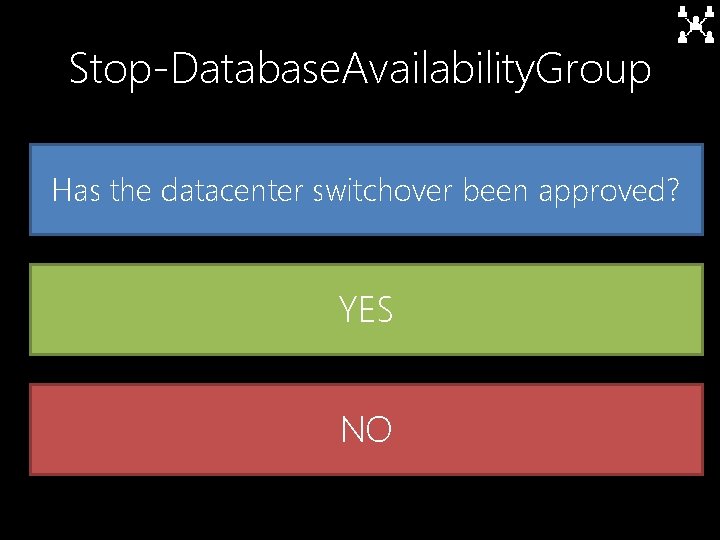 Stop-Database. Availability. Group Has the datacenter switchover been approved? YES NO 