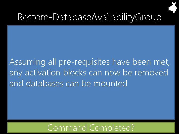 Restore-Database. Availability. Group Assuming all pre-requisites have been met, any activation blocks can now