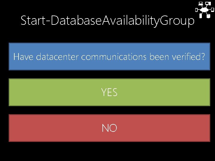 Start-Database. Availability. Group Have datacenter communications been verified? YES NO 