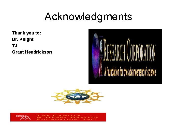 Acknowledgments Thank you to: Dr. Knight TJ Grant Hendrickson 