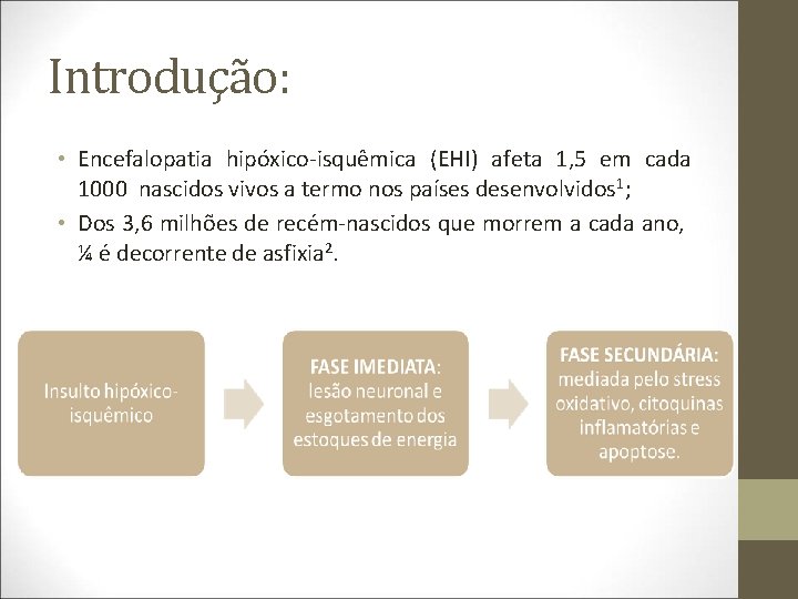 Introdução: • Encefalopatia hipóxico-isquêmica (EHI) afeta 1, 5 em cada 1000 nascidos vivos a