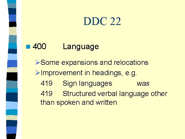 DDC 22 n 400 Language ØSome expansions and relocations ØImprovement in headings, e. g.