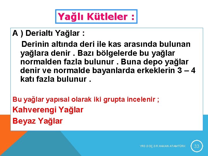 Yağlı Kütleler : A ) Derialtı Yağlar : Derinin altında deri ile kas arasında Yağlı Kütleler : A ) Derialtı Yağlar : Derinin altında deri ile kas arasında