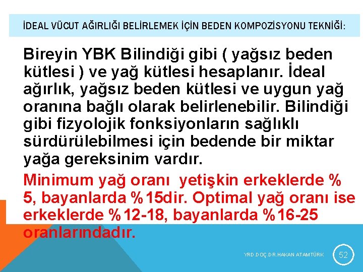 İDEAL VÜCUT AĞIRLIĞI BELİRLEMEK İÇİN BEDEN KOMPOZİSYONU TEKNİĞİ: Bireyin YBK Bilindiği gibi ( yağsız İDEAL VÜCUT AĞIRLIĞI BELİRLEMEK İÇİN BEDEN KOMPOZİSYONU TEKNİĞİ: Bireyin YBK Bilindiği gibi ( yağsız
