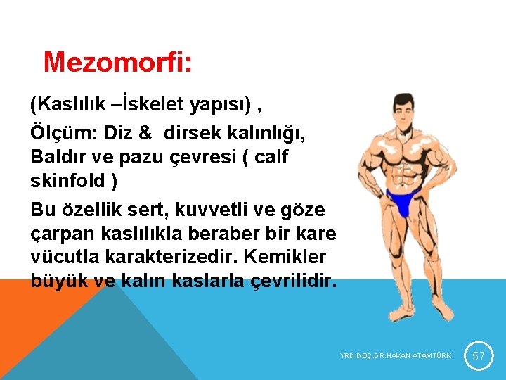 Mezomorfi: (Kaslılık –İskelet yapısı) , Ölçüm: Diz & dirsek kalınlığı, Baldır ve pazu çevresi Mezomorfi: (Kaslılık –İskelet yapısı) , Ölçüm: Diz & dirsek kalınlığı, Baldır ve pazu çevresi