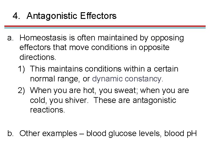 4. Antagonistic Effectors a. Homeostasis is often maintained by opposing effectors that move conditions