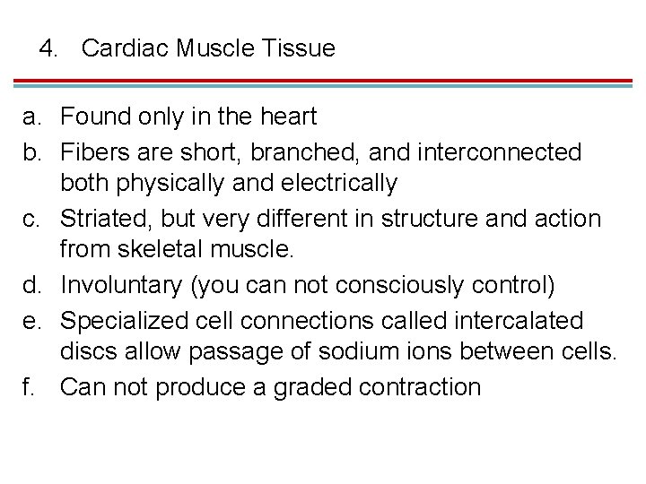 4. Cardiac Muscle Tissue a. Found only in the heart b. Fibers are short,