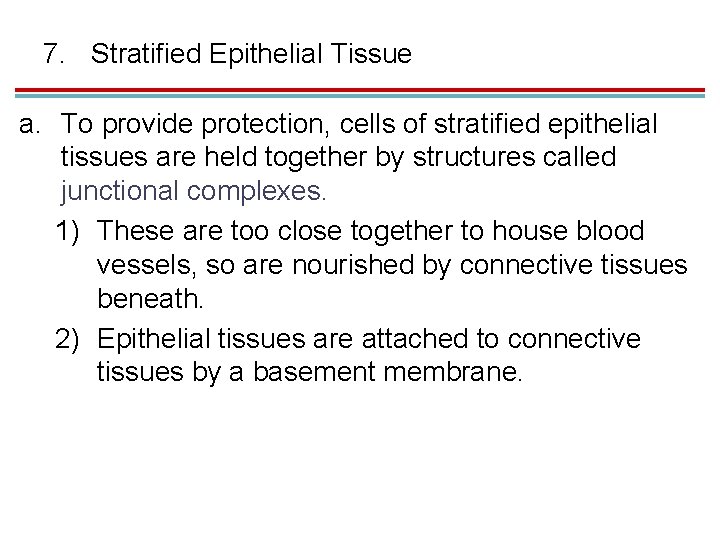 7. Stratified Epithelial Tissue a. To provide protection, cells of stratified epithelial tissues are