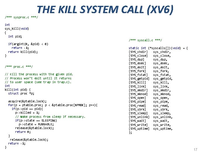 THE KILL SYSTEM CALL (XV 6) /*** sysproc. c ***/ int sys_kill(void) { int