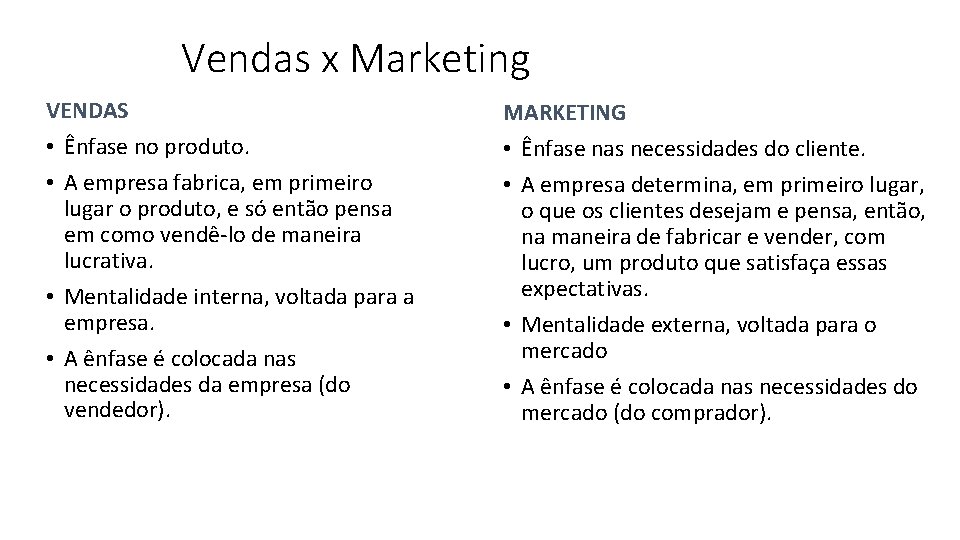 Vendas x Marketing VENDAS • Ênfase no produto. • A empresa fabrica, em primeiro