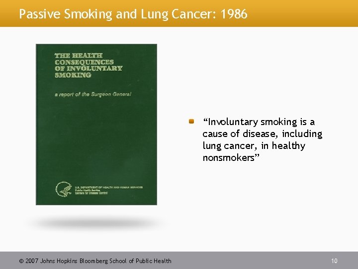 Passive Smoking and Lung Cancer: 1986 “Involuntary smoking is a cause of disease, including