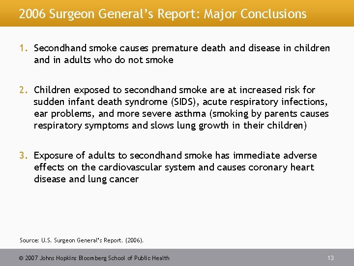 2006 Surgeon General’s Report: Major Conclusions 1. Secondhand smoke causes premature death and disease