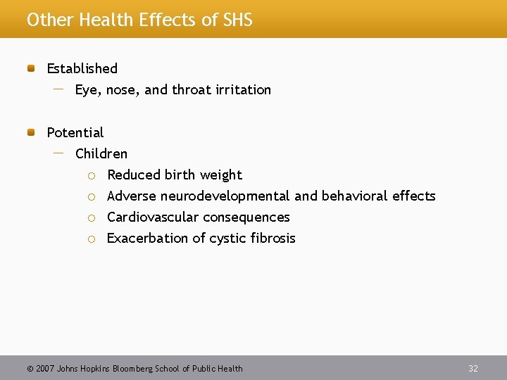 Other Health Effects of SHS Established Eye, nose, and throat irritation Potential Children Reduced