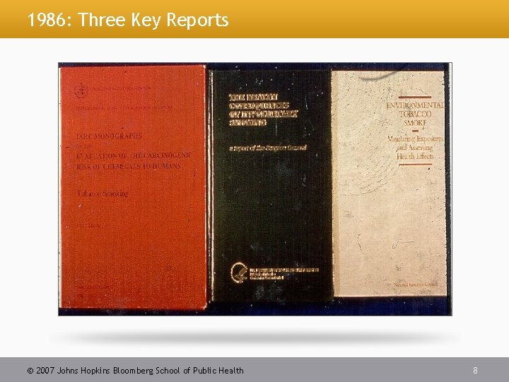 1986: Three Key Reports 2007 Johns Hopkins Bloomberg School of Public Health 8 