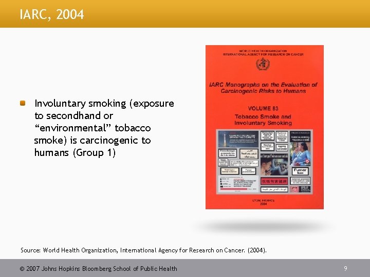 IARC, 2004 Involuntary smoking (exposure to secondhand or “environmental” tobacco smoke) is carcinogenic to